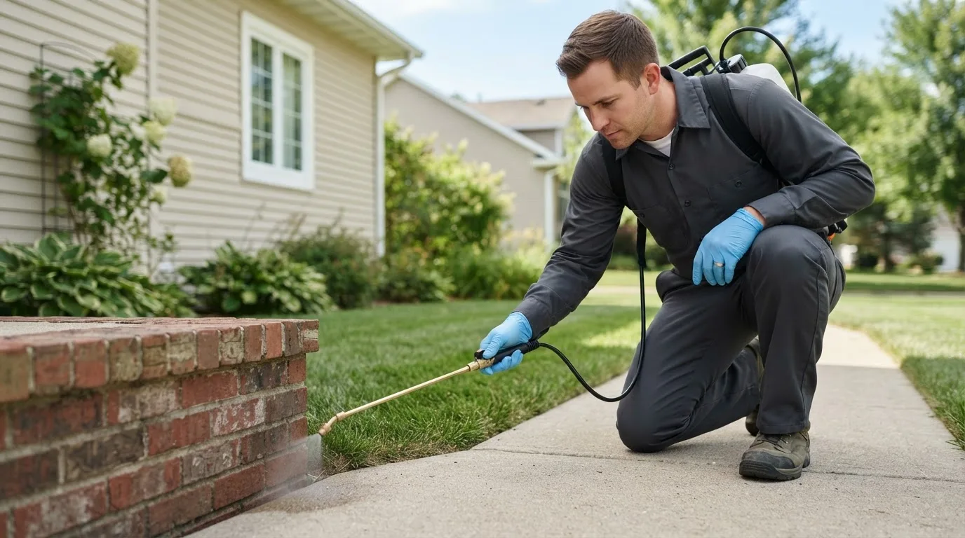 Pest control technician treating a home near Burr, NE