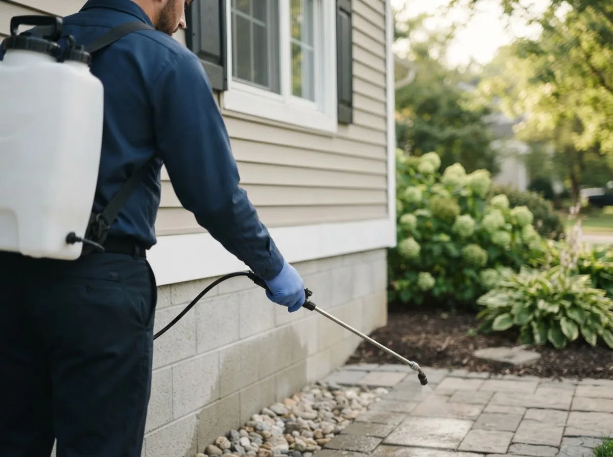 Pest control technician inspecting a home in Burr, NE